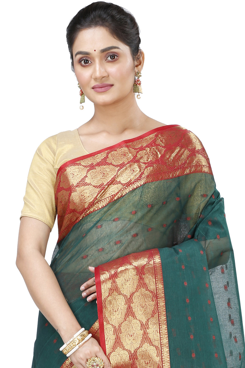 Dark Green Pure Cotton Asmani Tant Saree (196)